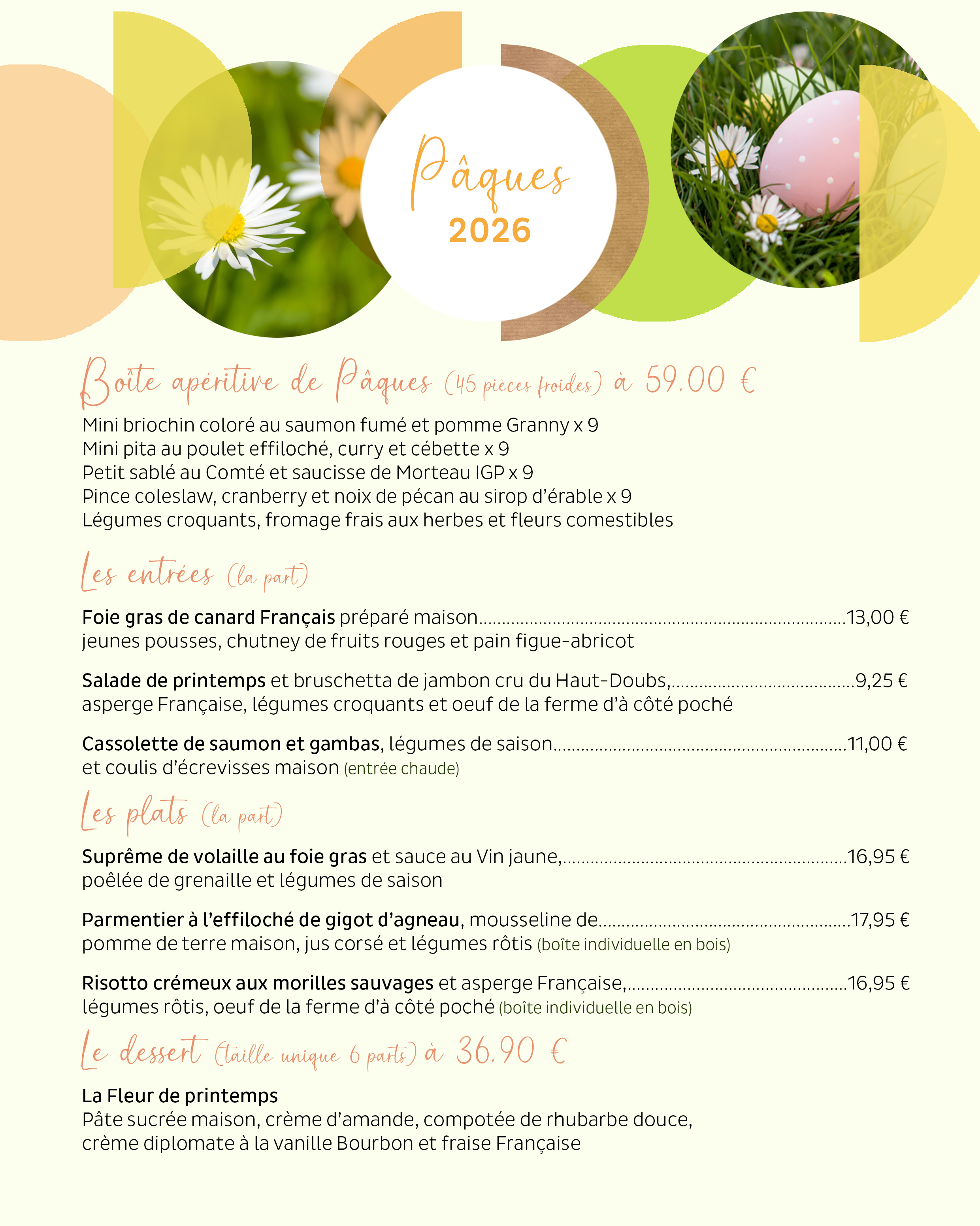 Menu de Pâques 2026